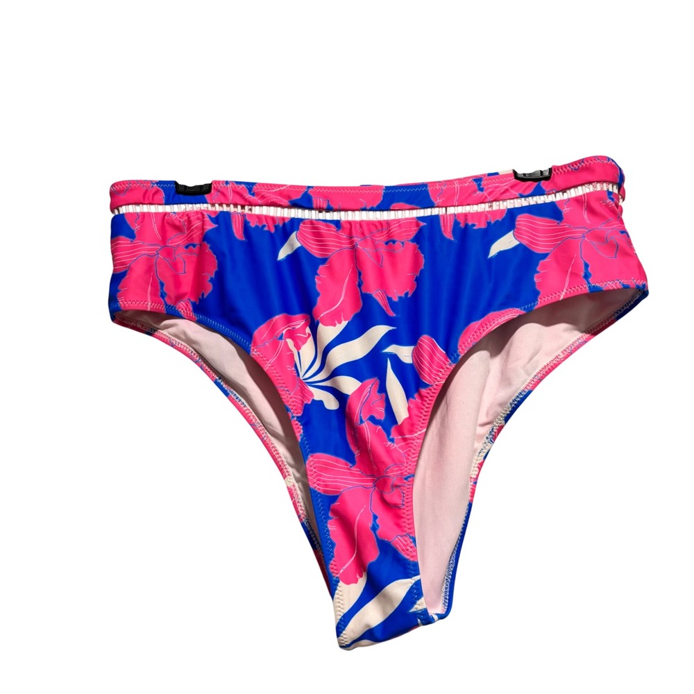 Floral High Waisted Bikini Bottoms Blue Pink Tropical Ladder Cutout‎ XXL NEW